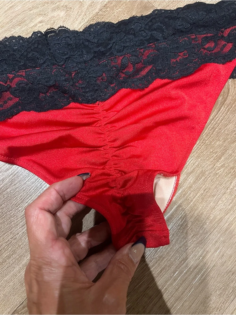 Red & Black Lace trim DOLL SWIMWEAR. Gently used SZ Large